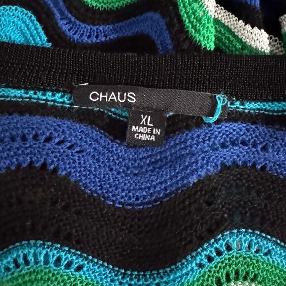 CHAUS Multi Color Blue Green Chevron Wave Open Knit V-Neck Cardigan Sweater XL - Picture 4 of 4
